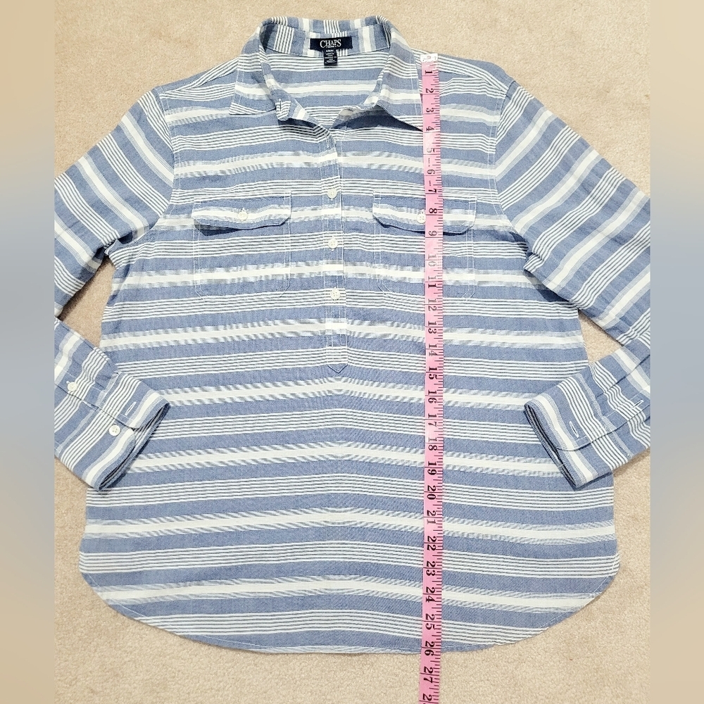 Chaps Chambray Tunic Shirt Womens Size Medium Striped 100% Cotton Button Top - Picture 10 of 11